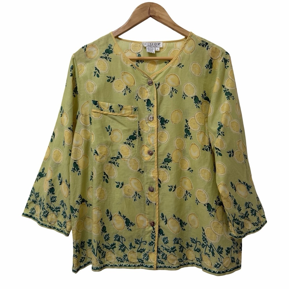 Citron Santa Monica Womens Lemon Print Button Up Blouse‎ Top Size L Lightweight
